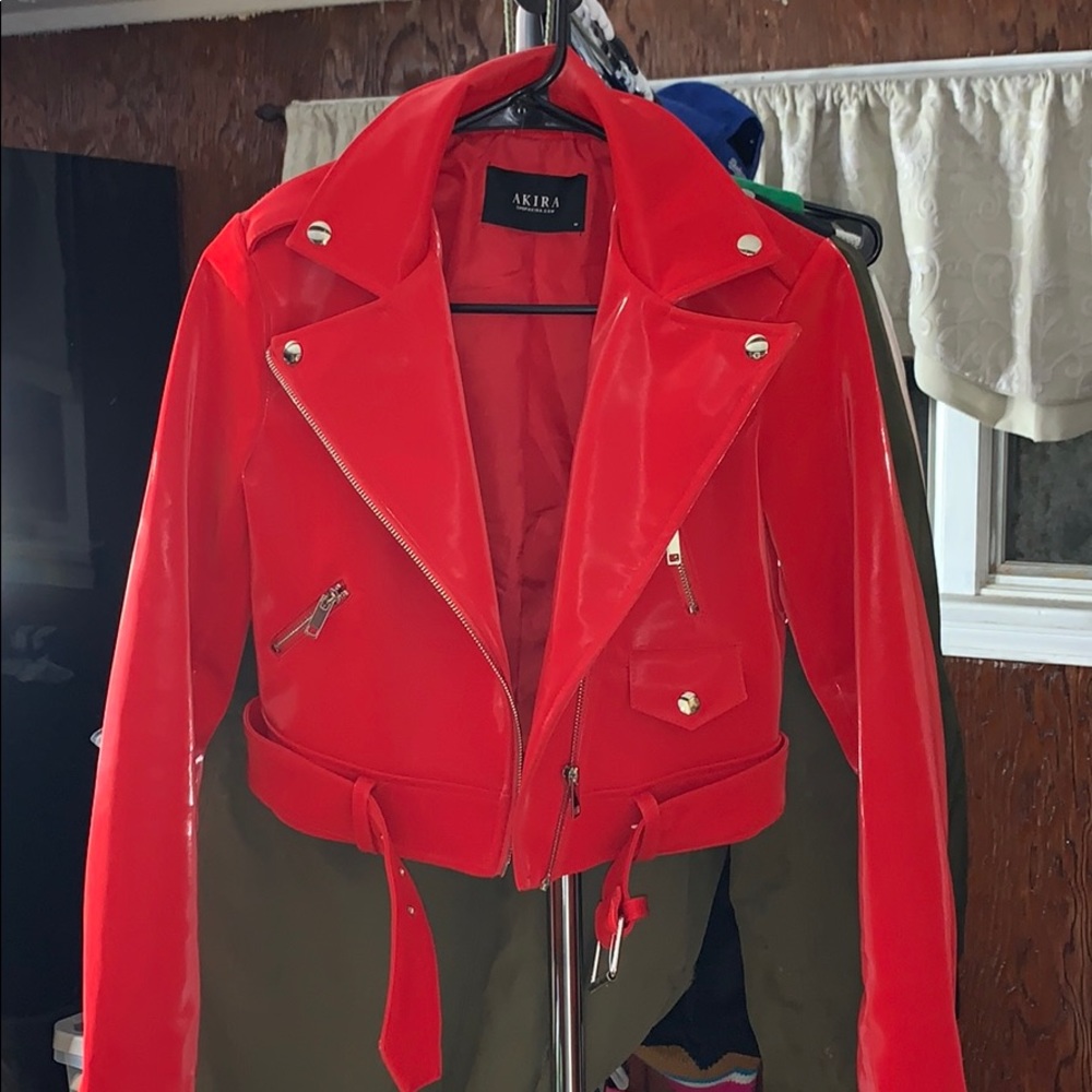 Red, pleather,  fit jacket.